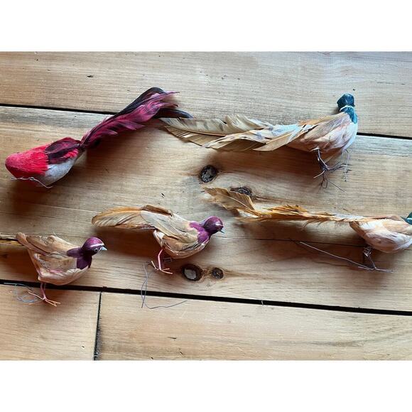 Lot of 5 Vintage Christmas Birds. Wired Feet. Feathers. Made in Japan.Red &Brown - Picture 5 of 8